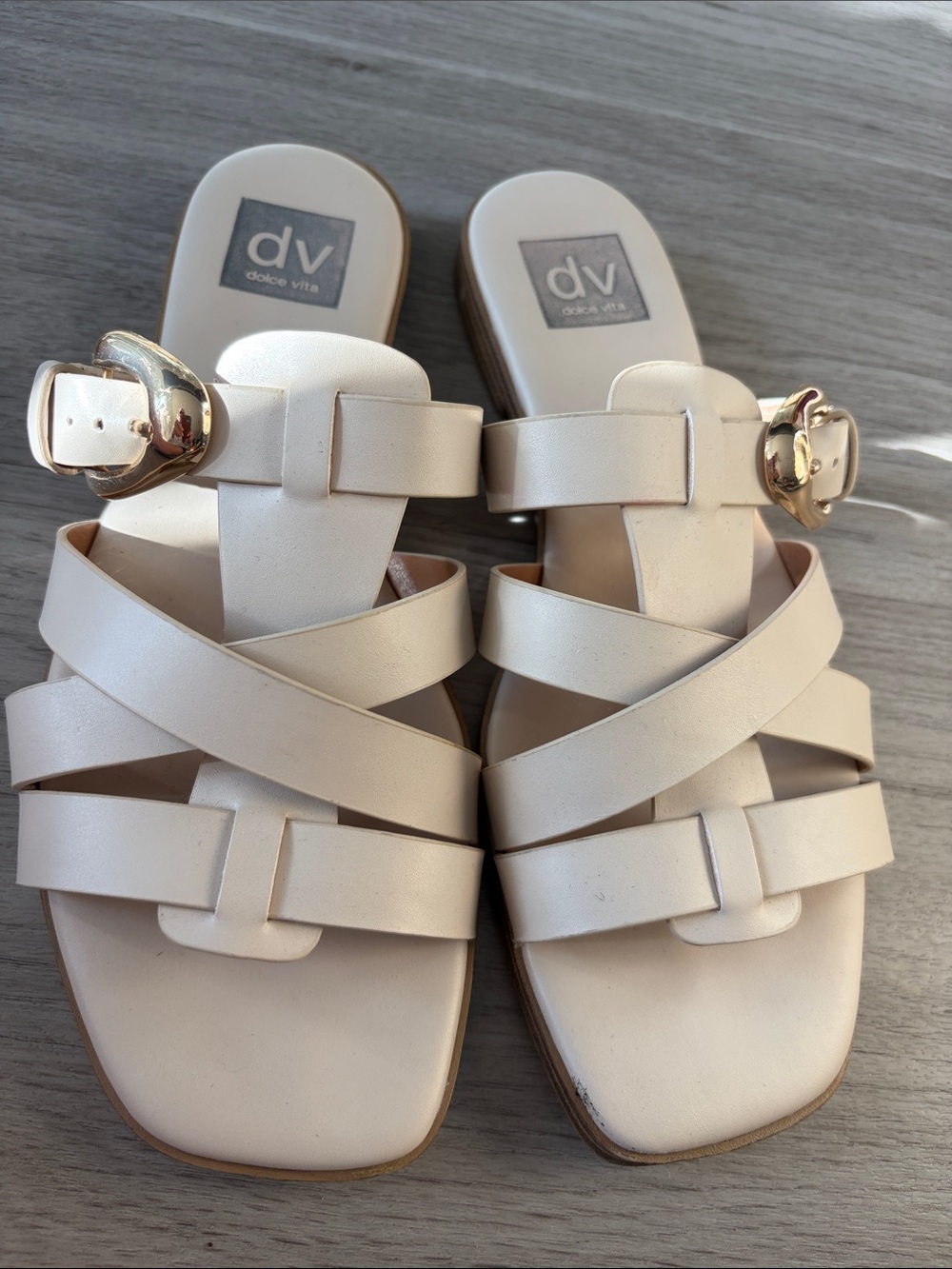 DV by Dolce Vita Cream Strappy Slide Sandals with Gold Buckle